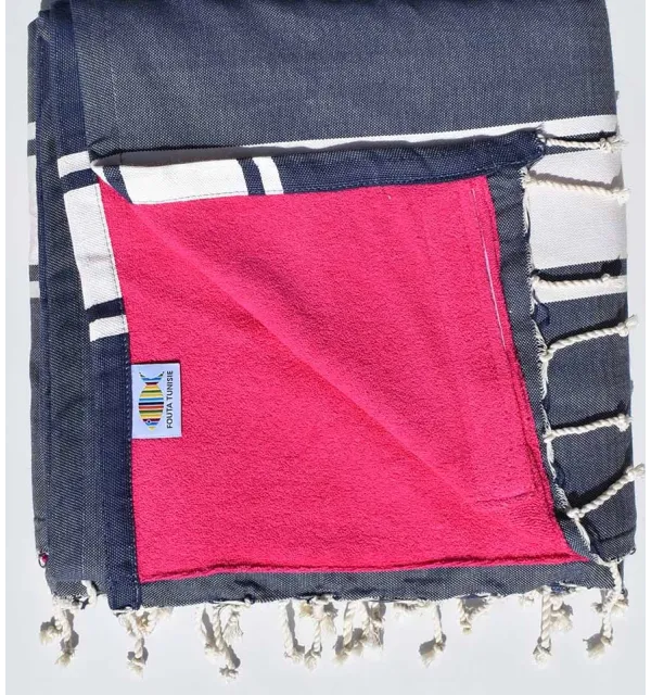 fouta doublée éponge bleu jean et rose fushia 