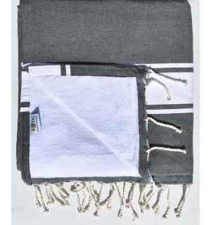 fouta doublée éponge gris ardoise et blanc 