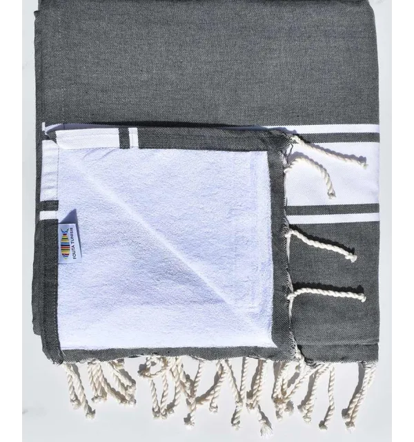 fouta doublée éponge gris ardoise et blanc 