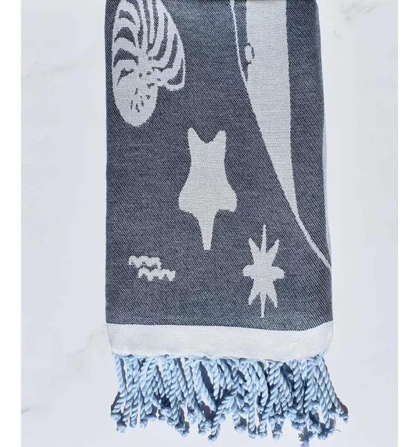 Fouta jacquard étoile de mer bleu marine et bleu fumé 