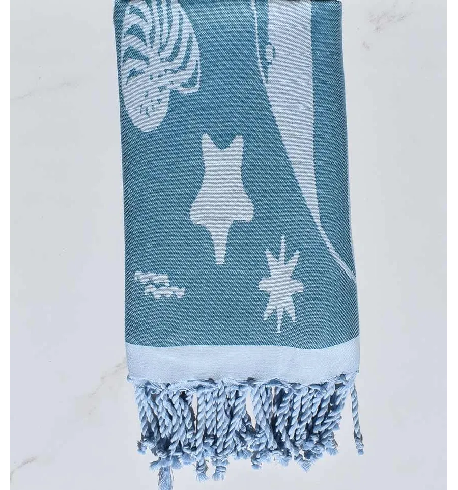 Fouta jacquard étoile de mer bleu canard et bleu azurin 