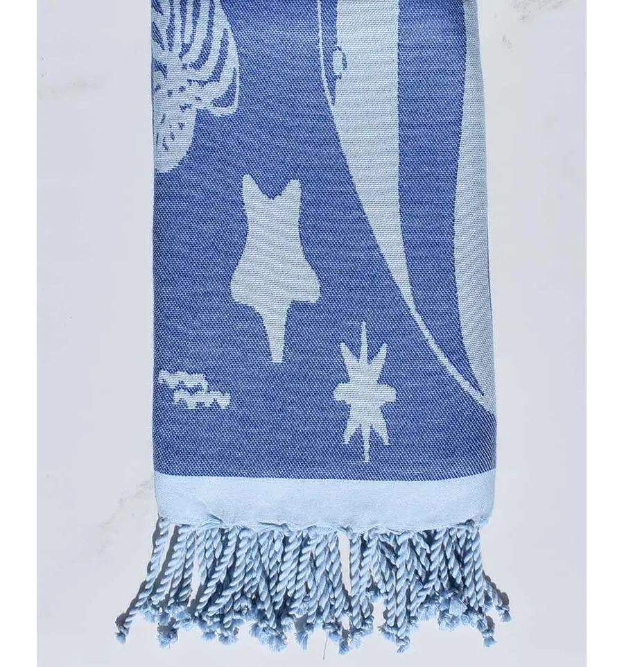 Fouta jacquard étoile de mer bleu roi et bleu maya 