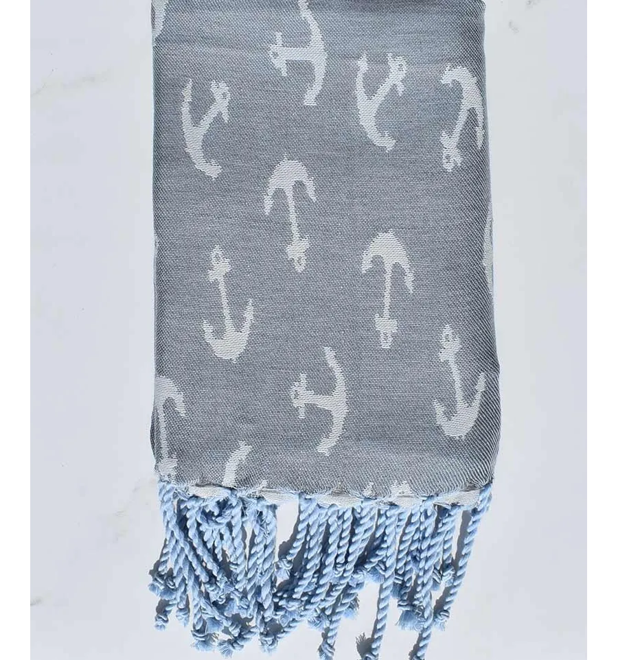 Fouta jacquard ancre gris et bleu fumé 