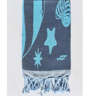 Fouta jacquard étoile de mer bleu minuit et bleu azur clair 