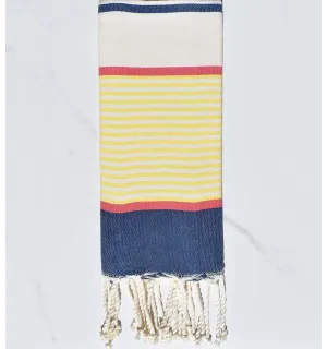 fouta  enfants bleu foncé, jaune, rouge,  blanc cassé 