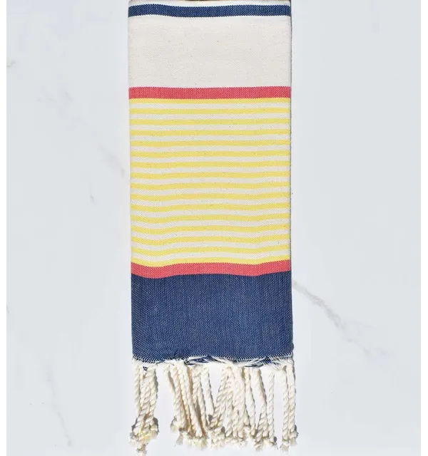 fouta enfants bleu foncé, jaune, rouge, blanc cassé 