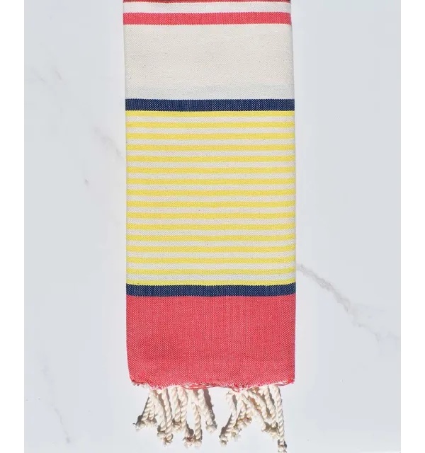 fouta enfants bleu foncé, jaune fluo, rouge, blanc cassé 