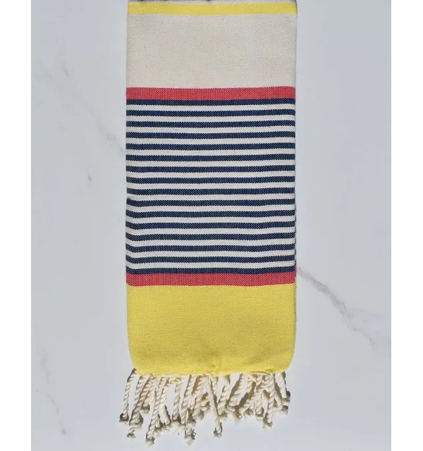 fouta enfants bleu foncé, jaune, rouge, blanc cassé 