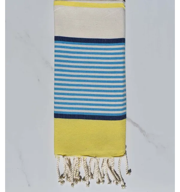 fouta enfants bleu, bleu jean foncé, jaune et blanc cassé 