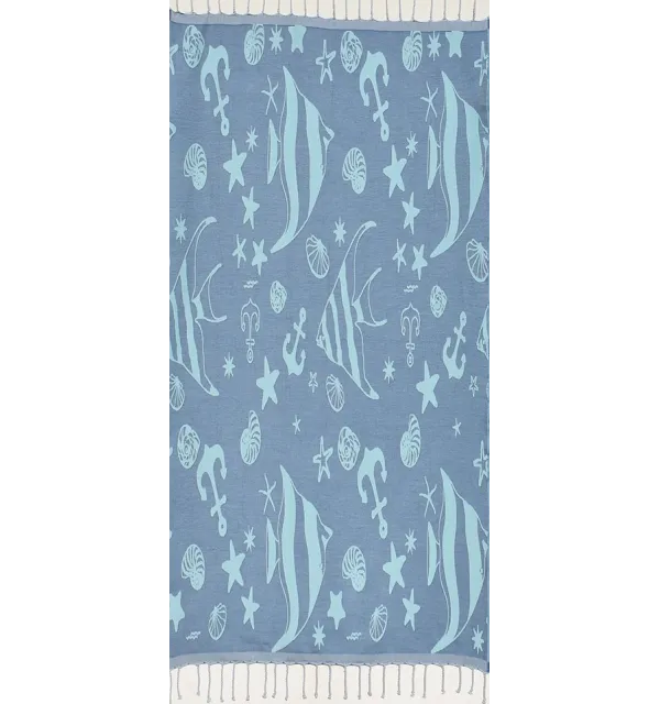 Fouta jacquard étoile de mer bleu bleuet et bleu ciel clair 