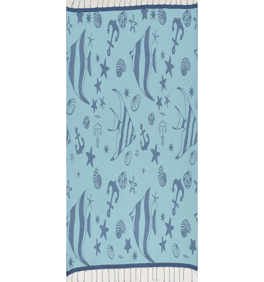 Fouta jacquard étoile de mer bleu bleuet et bleu ciel clair