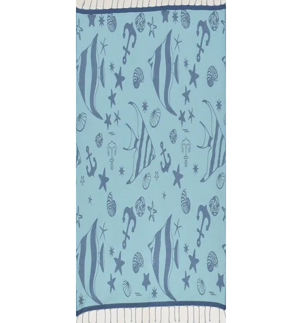 Fouta jacquard étoile de mer bleu bleuet et bleu ciel clair 