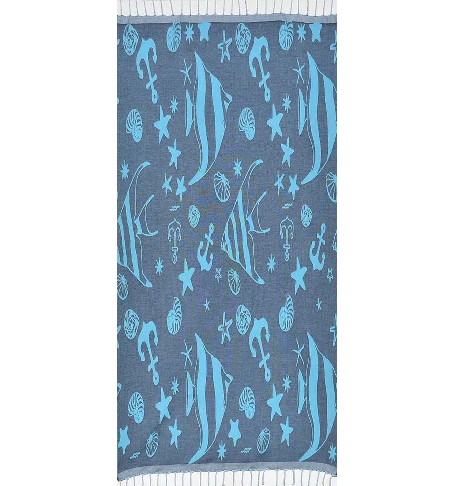Fouta jacquard étoile de mer bleu minuit et bleu azur clair 