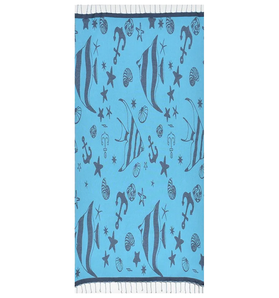 Fouta jacquard étoile de mer bleu minuit et bleu azur clair 