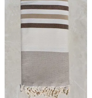 Jeté blanc écru, marron et beige