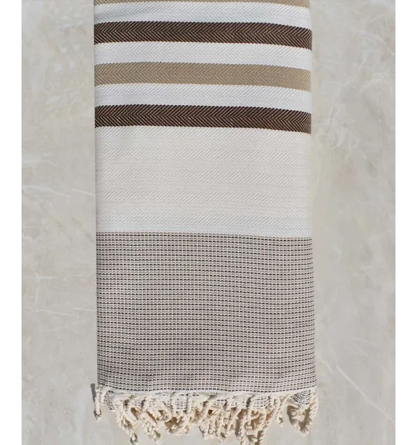 Jeté blanc écru, marron et beige 