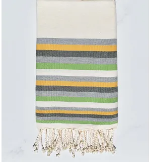 Fouta Plate blanc crème, gris, jaune, vert militaire et vert clair 