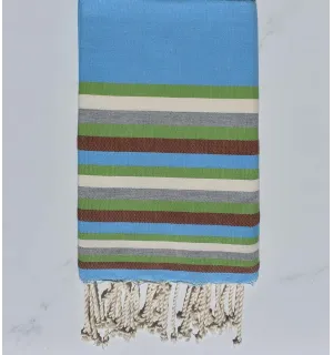 Fouta Plate bleu clair, vert, blanc, gris et marron 
