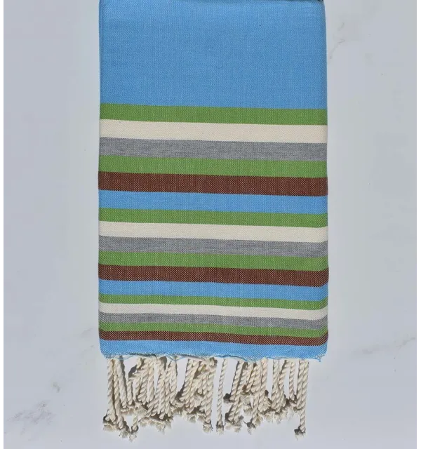 Fouta Plate bleu clair, vert, blanc, gris et marron 