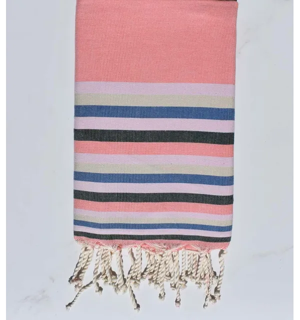 Fouta Plate rose incarnadin,rose clair,beige,bleu et vert 