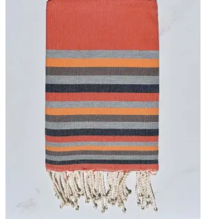 Fouta Plate orange,gris foncé,chair,marron et bleu 
