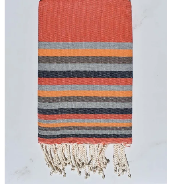 Fouta Plate orange,gris foncé,chair,marron et bleu 