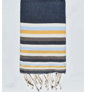 Fouta plate bleu denim,blanc crème, bleu clair, jaune et marron 
