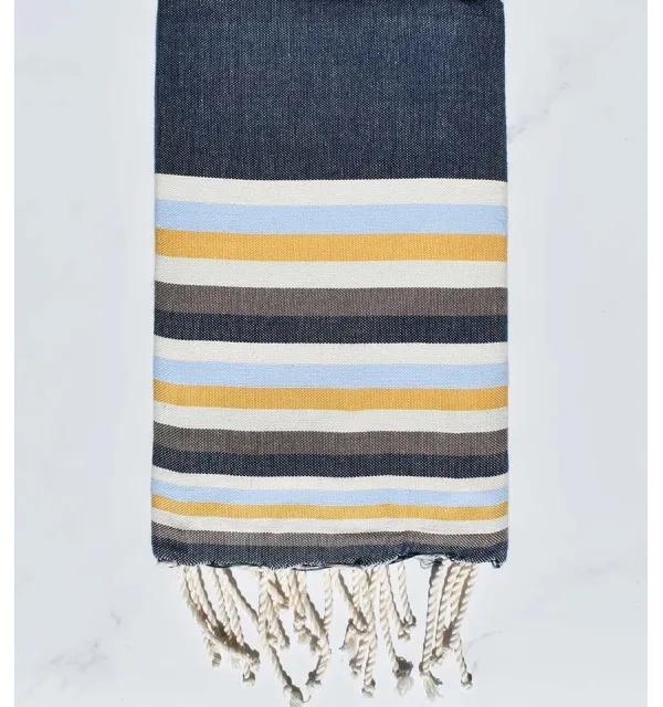 Fouta plate bleu denim,blanc crème, bleu clair, jaune et marron 