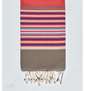 Fouta plate rouge,bisque,beige,bleu et bleu clair 
