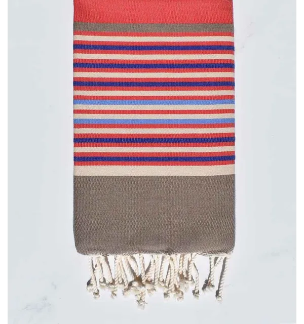 Fouta plate rouge,bisque,beige,bleu et bleu clair 