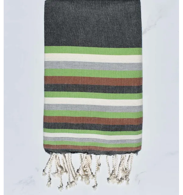 Fouta plate gris ardoise, vert, blanc, gris clair et marron 