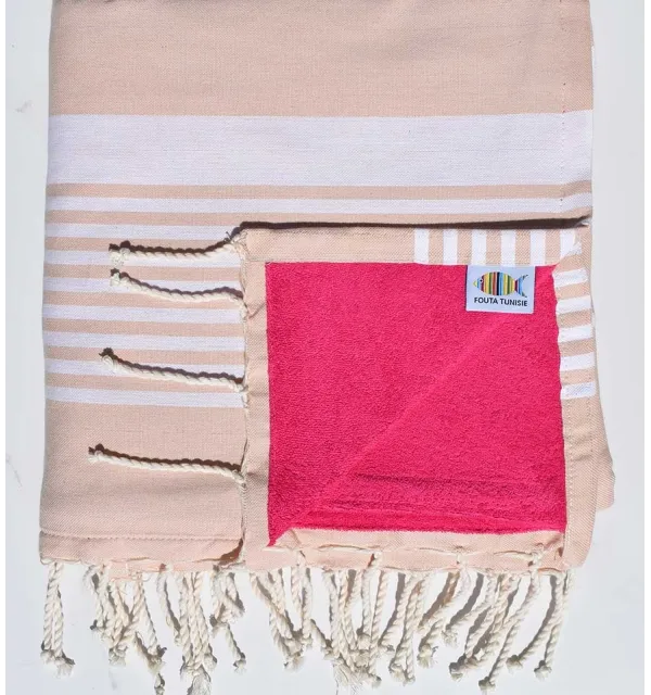 fouta arthur doublée éponge beige rosé et fushia 