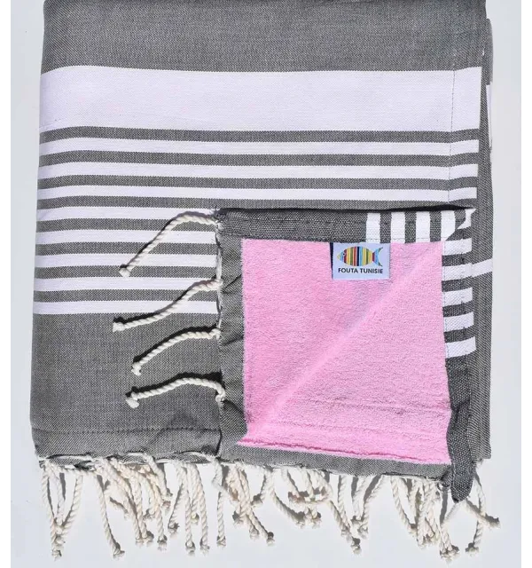 fouta arthur doublée éponge gris foncé et rose 