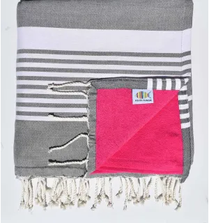 fouta arthur doublée éponge gris foncé  et fushia