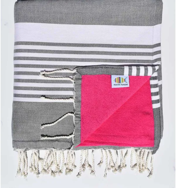 fouta arthur doublée éponge gris foncé et fushia 