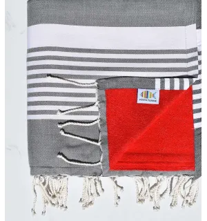 fouta arthur doublée éponge gris foncé et rouge