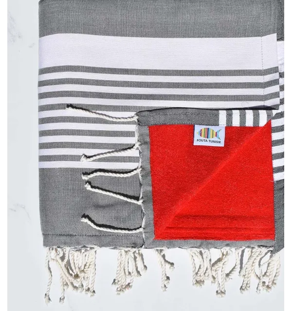 fouta arthur doublée éponge gris foncé et rouge 