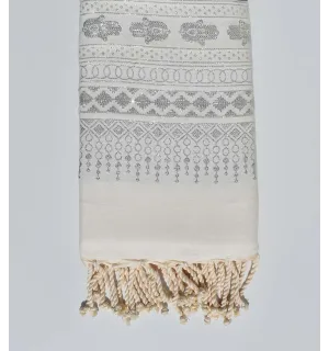Fouta khomsa blanche au fil lurex argenté 