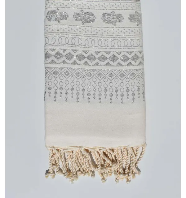 Fouta khomsa blanche au fil lurex argenté 