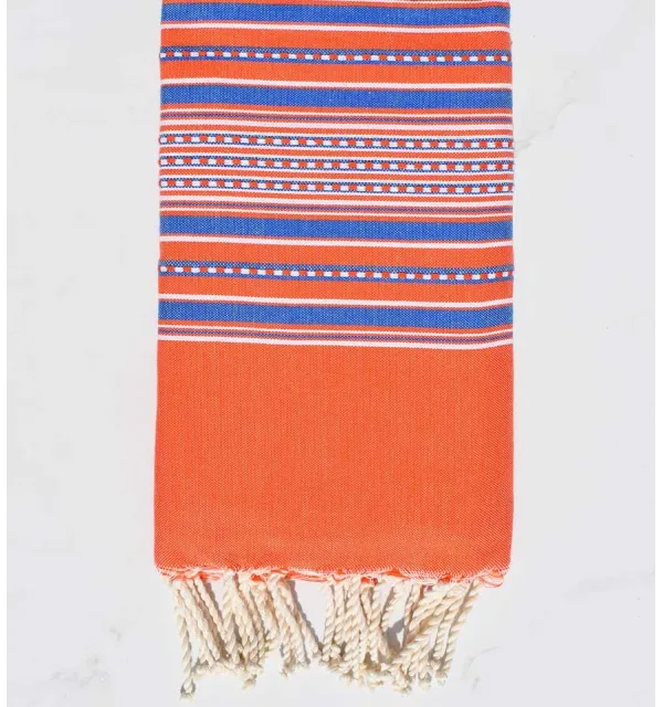 Fouta arabesque orangé foncé rayée bleu roi 