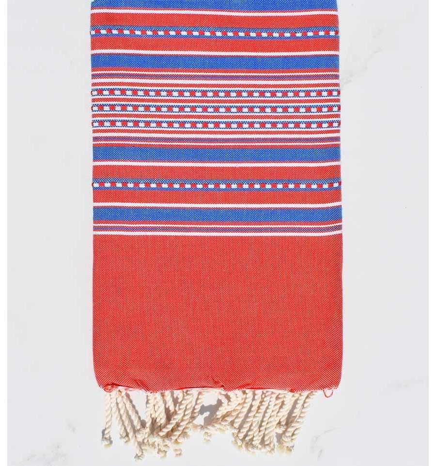 Fouta arabesque rouge rayée bleu