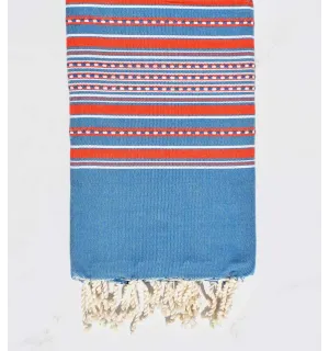 Fouta arabesque bleu denim rayée rouge 
