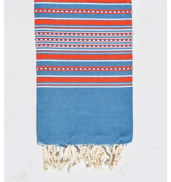 Fouta arabesque bleu denim rayée rouge 