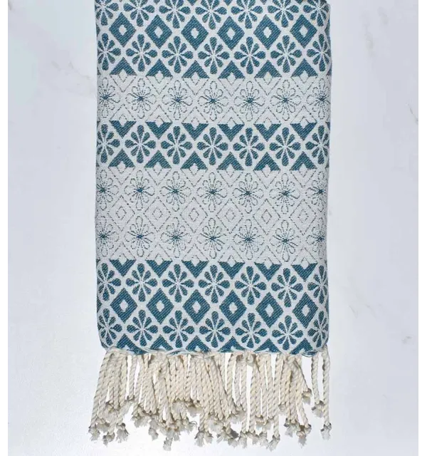 Fouta fleuri bleu canard 