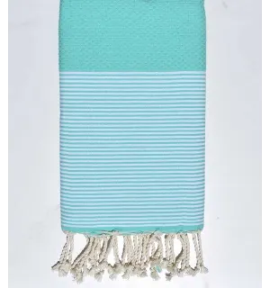 FOUTA NID D'ABEILLE Vert d'eau rayée blanc 