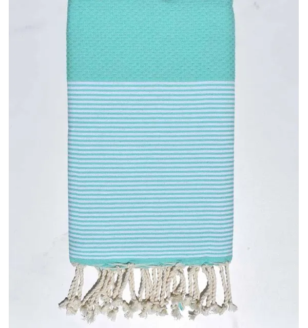 FOUTA NID D'ABEILLE Vert d'eau rayée blanc 