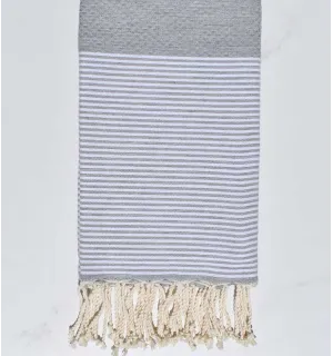 Fouta nid d'abeille gris lin rayée blanc 