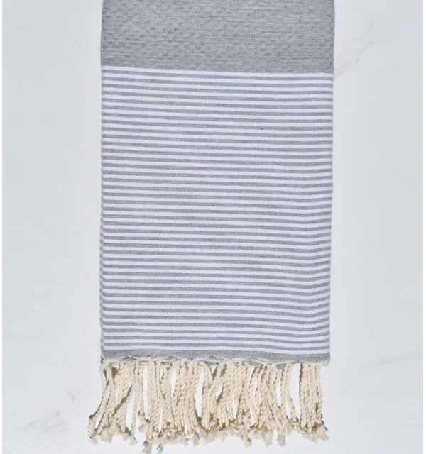 Fouta nid d'abeille gris lin rayée blanc 