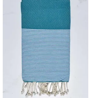 FOUTA NID D'ABEILLE bleu canard rayée blanc Fouta Tunisia - 1
