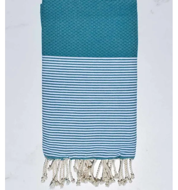 FOUTA NID D'ABEILLE bleu canard rayée blanc Fouta Tunisia - 1